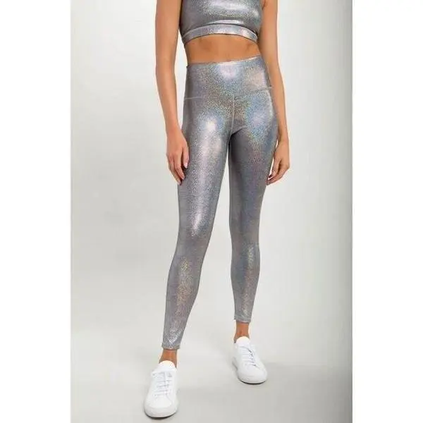 Holographic Glitter High-Waisted Leggings Tummy Control Athletic Gym Wear Small