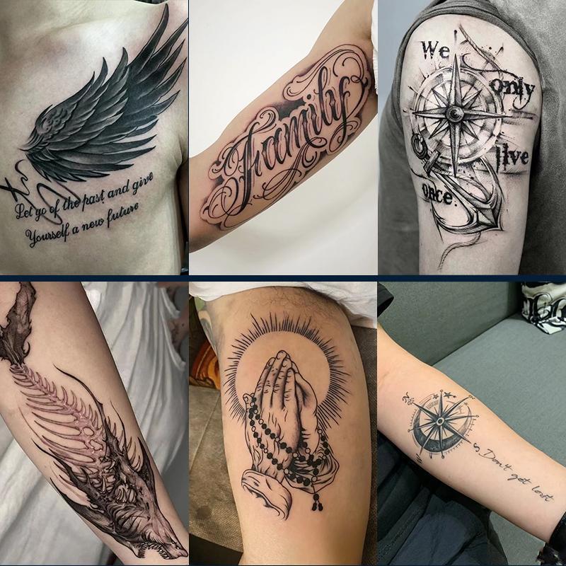 6 Sheets Large Temporary Tattoos for Men Fake Tattoos with 1 Mexican Style Font Element & 5 Random Styles Lasting 7-15 Days Long Lasting Temporary Tattoo Arm Herbal Tattoo Stickers Tatuajes Temporales Realistic Temporary Tattoos