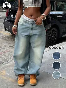 Women's Mid-Rise Vintage Distressed Washed Denim Wide-Leg Loose Y2K Street-Style Jeans, Perfect for Winter Festive