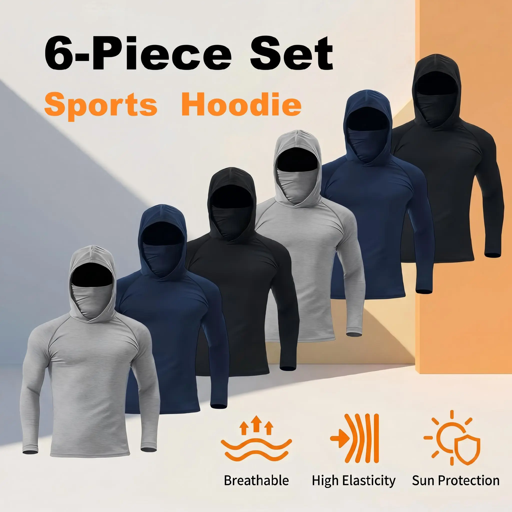 6-Piece Men's Fitness Hoodie Set - Comfortable Long Sleeve Hoodies for Everyday Wear with UPF50+ Protection in Light Gray, Pure Black, and Navy Blue - Athletic Sweatshirt Lightweight Compression Activewear Activewear Running