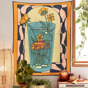 1 vintage-style tapestry wall featuring a hallucinatory goldfish vase, designed as a minimalist Bohemian mural