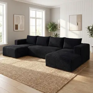 127-inch Black Checkered Fabric U-shaped Modular Convertible Sofa Bed - Pre-assembled Boneless Modern Deep-set Lounge, Plush Chaise Oversized Sectional Boneless Couches for Contemporary Living Rooms