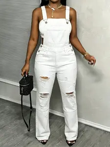 Women’s White Denim Overalls, Distressed Straight Leg Bib Pants with Adjustable Straps, Casual Full Length Jumpsuit, Streetwear for Daily Wear, Music Festivals, Parties, All Seasons