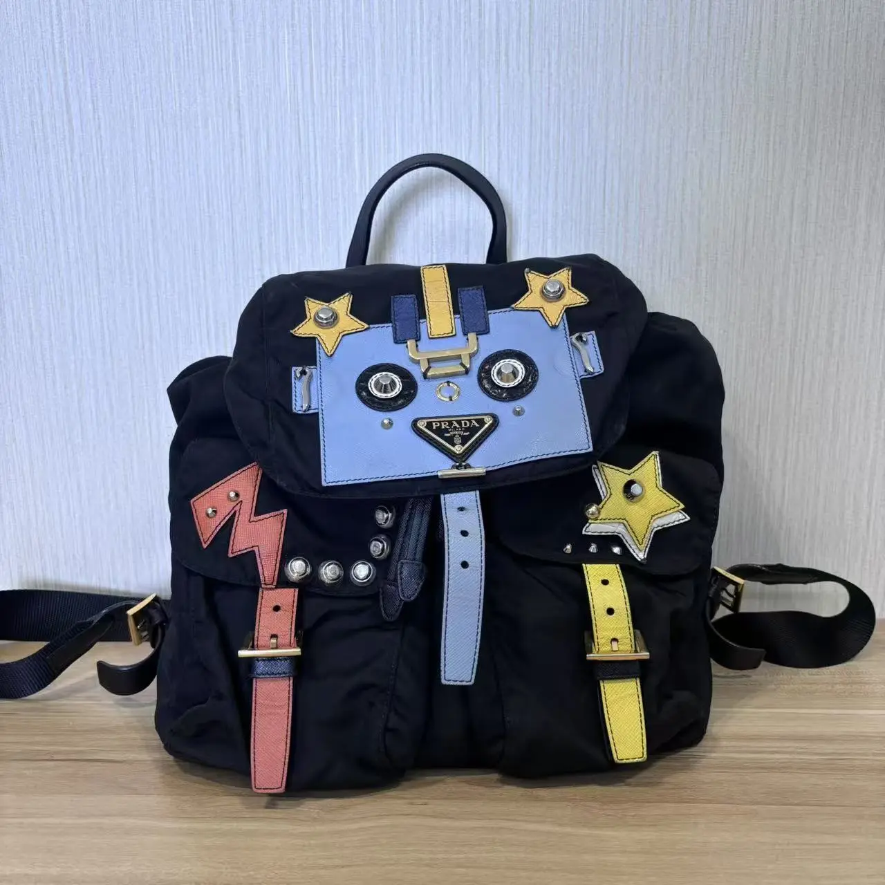 Pre-owned PRADA Robot Nylon Backpack with Saffiano Leather Details