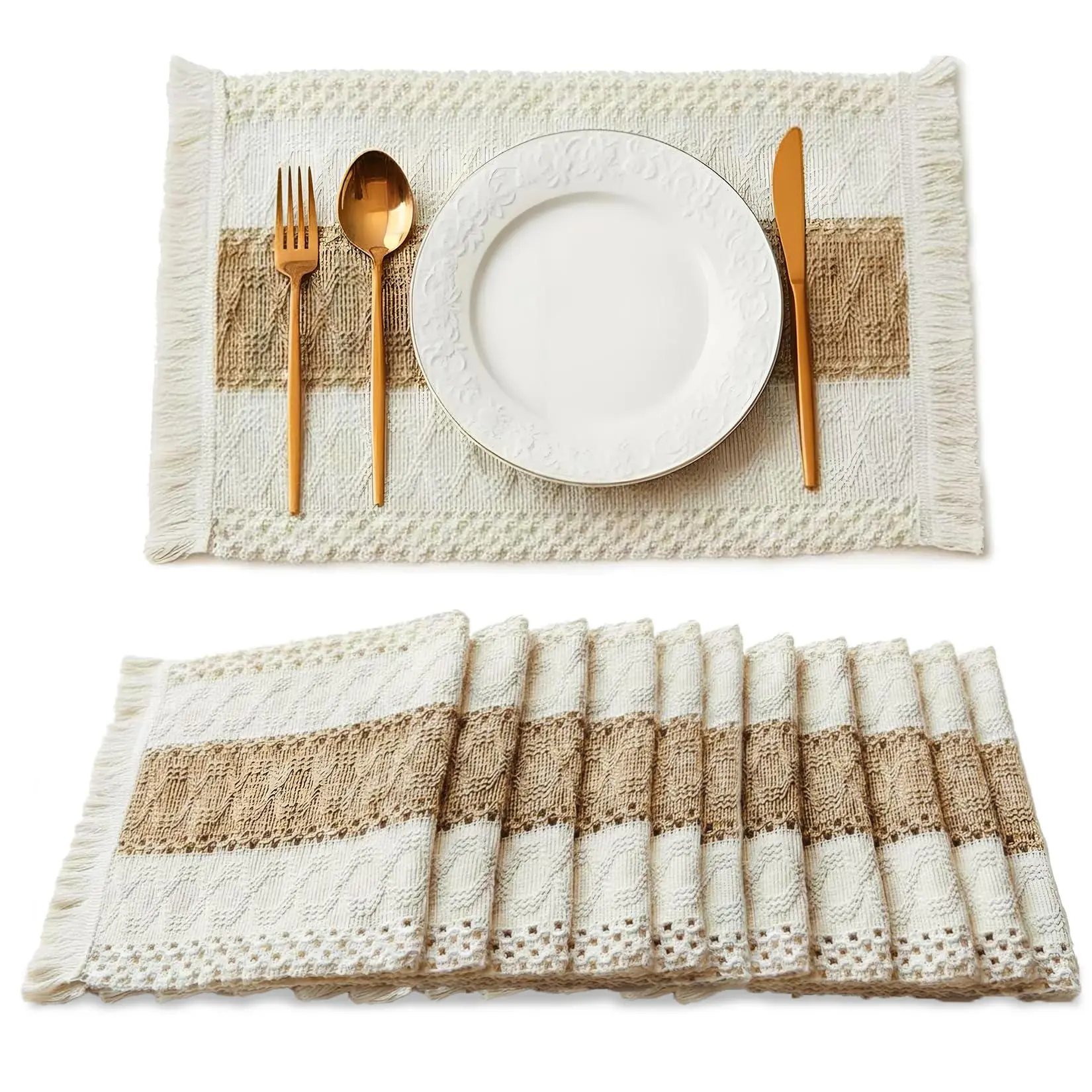 Bohemian Linen-Cotton Crochet Tassel Placemats Set of 12, Washable Macrame Table Mats for Farmhouse Kitchen Decor, 12x20 in Beige White, Birthday Gift Ideas