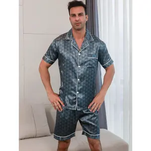 2pcs Men's 3D Triangle Print Satin Silk Short Sleeve Top + Shorts + Pajama Pants Set
