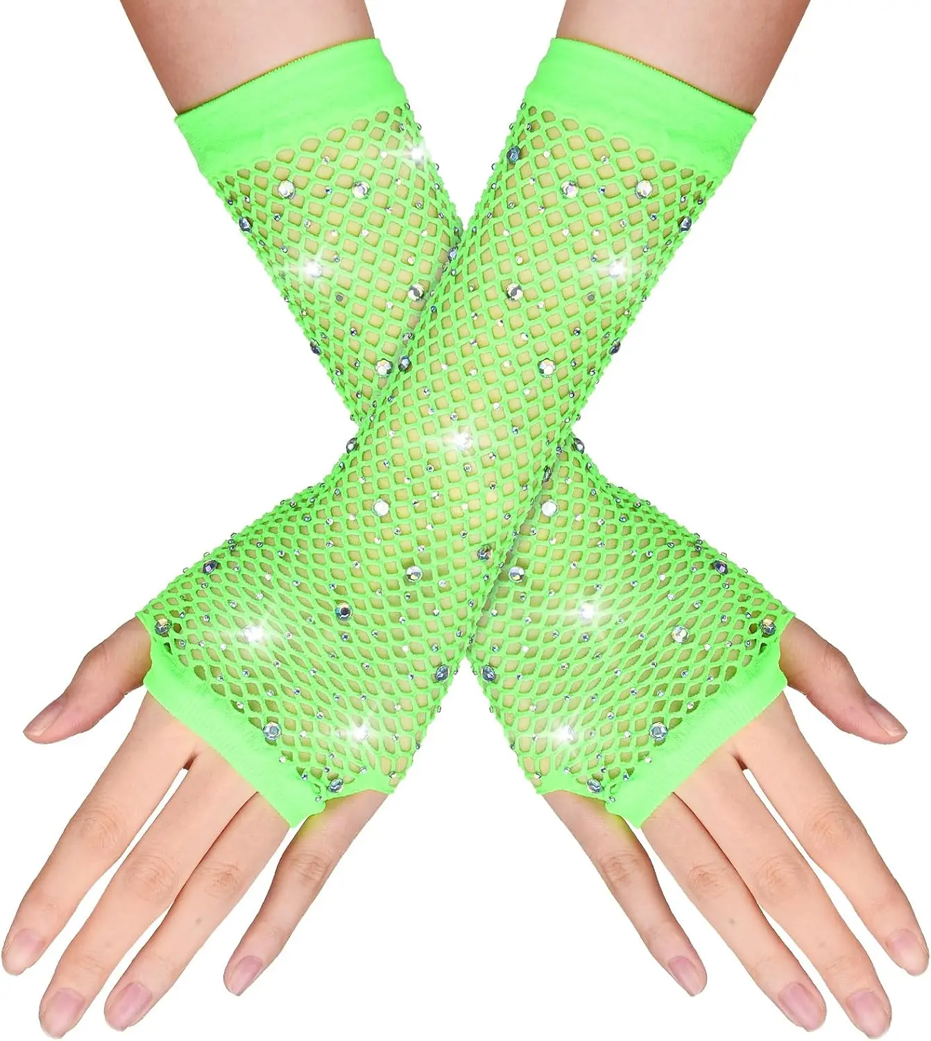 Women's Long Rhinestone Fingerless Nylon Fishnet Gloves - Sparkly Glitter, Blingy & Ostentatious Steampunk 80s Costume Arm Sleeves for Halloween, Christmas