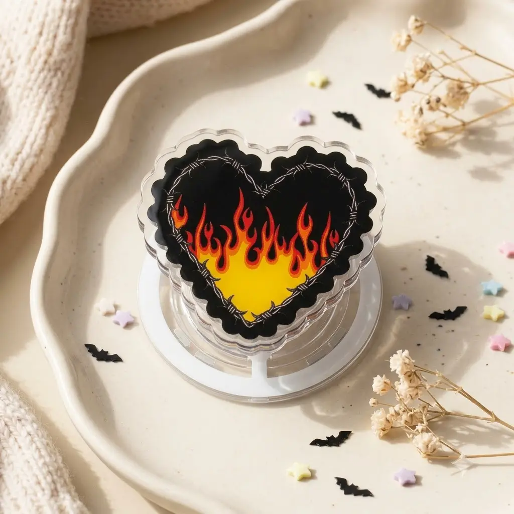 Flaming Heart Phone Grip Holder, Barbed Wire & Flame Heart Design, Edgy Grunge Phone Stand, Gothic Rock Aesthetic Phone Accessory