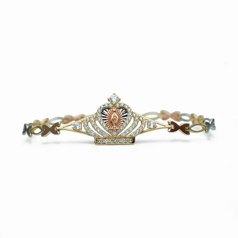 14k Gold Crown Bracelet with Cubic Zirconia Adorned with Virgin Guadalupe for Women's Fashion