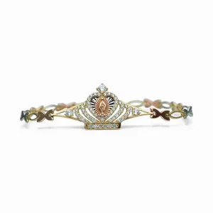 14k Gold Crown Bracelet with Cubic Zirconia Adorned with Virgin Guadalupe for Women's Fashion