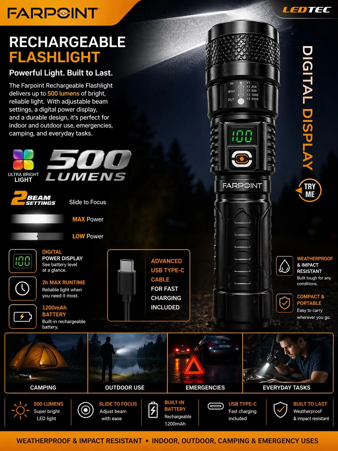 $69.99 MSRP Farpoint Rechargeable Flashlight with Digital Display $69.99 MSRP Farpoint Rechargeable Flashlight with Digital Display