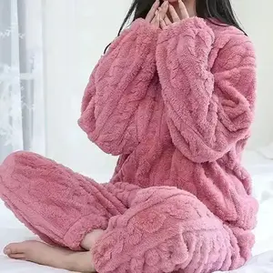 Autumn Women's Solid Warm 2 Piece Sets Thicken Velvet Ribbed Fleece Pullover & Pants Casual Pajama Loungewear 2025 Nightwear Pjs