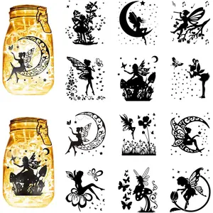 12Pcs Fairy Silhouettes Mason Jar Decor Angel Lantern Laser Cutouts Ornaments PVC Scrapbook Embellishment for Wall Window Glass Cars Decor DIY Craft Gift Xmas Black 3.9x3.5Inch(No Sticker)