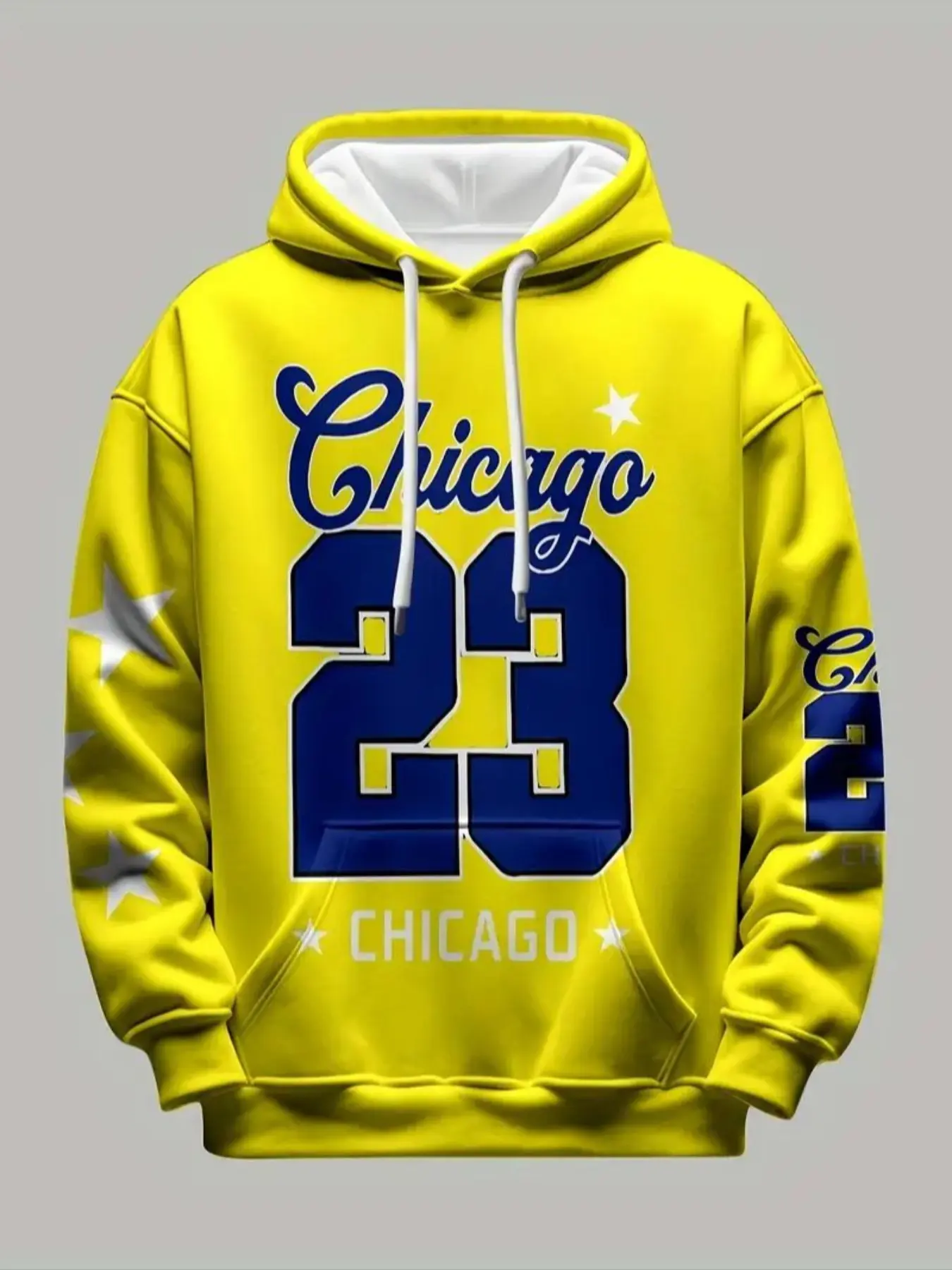 Men's 3D Digital Print Hoodie, Chicago 23 Star Graphic Design, Bright Colors, All-Season Long Sleeve Comfortable Casual Pullover Sweatshirt Menswear