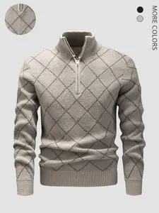 Vintage Diamond Pattern Half High Neck Sweater, Plaid Stripe Knit Pullover, Multi-Color Options, Unisex Fall Winter Fashion