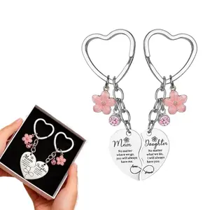 Mom Daughter Gifts – 2 Pcs Romantic Pink Flower Rhinestone Keychains, Heart Matching Keyring Keychain Set, Engraved Hypoallergenic Stainless Steel Gift for Women