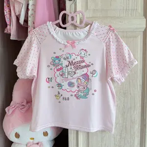 Japanese Sweet Cartoon Printed T-shits Women Short Sleeve Lace Y2k Crop Tops Outwear Girls 2000s Vintage T Shirts Subculture