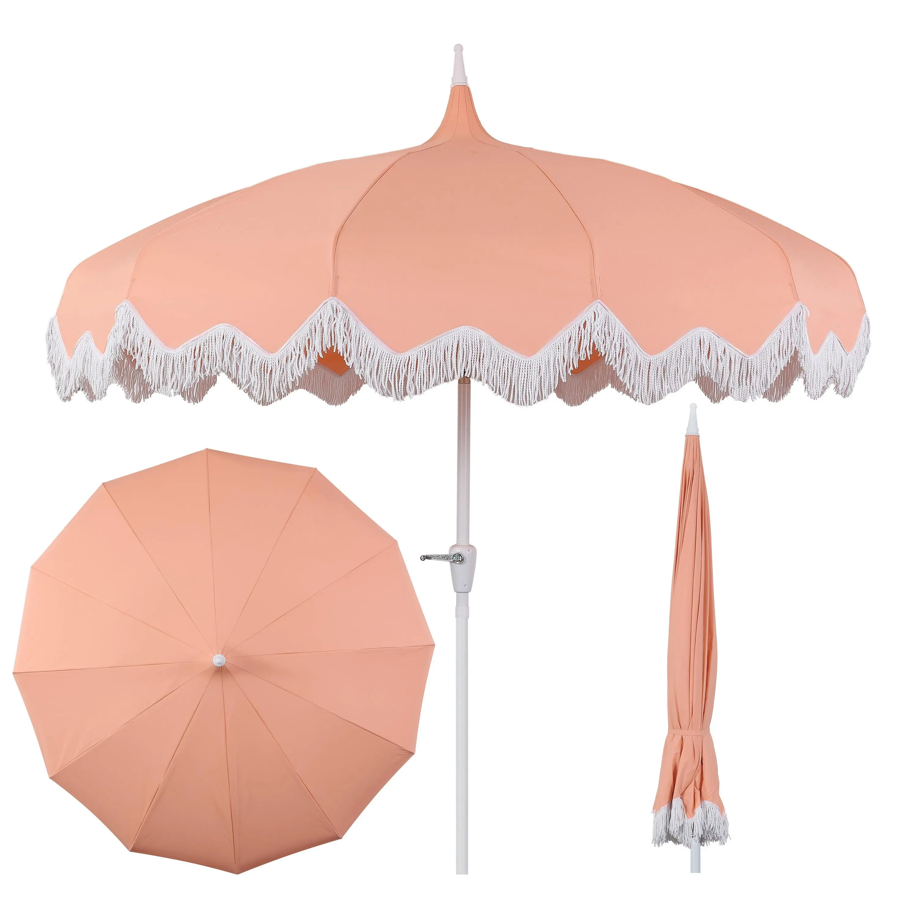 Delphine 8 ft. Fringered Classic Bohemian Pagoda Market Patio UV Umbrella with Auto-Tilt Crank, Wind Vent, and UV Protection Delphine 8 ft. Fringered Classic Bohemian Pagoda Market Patio UV Umbrella with Auto-Tilt Crank, Wind Vent, and UV Protection