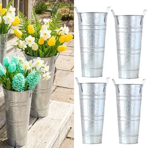 Galvanized Metal Vase, 4 Counts/set Farmhouse Bucket with Handles Planter, Table Decor Centerpiece, Rustic Vase for Wedding Home