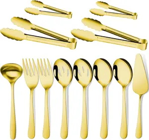 Gold 12 Pieces Serving Utensils Include Large Serving Spoons,Slotted Serving Spoons,Serving Forks,Serving Tongs,Appetizers Tongs,Soup Ladle and Pie Cake Server for Buffet Catering