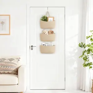 3-Tier Modern Foldable Jute-Cotton Woven Boho Over-The-Door Hanging Basket - Adjustable Household Wall-Mounted Storage Organizer with Metal Hooks, Ideal Gift for Bedroom, Bathroom