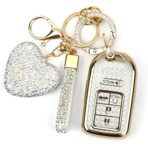 Key Fob Cover with Diamond Keychain Car Key Holder Case Compatible with 2016-2022 Honda Accord Civic CRV Pilot Ridgeline Passport Smart Remote Key Protector for Women, 5 Buttons (White-Heart)