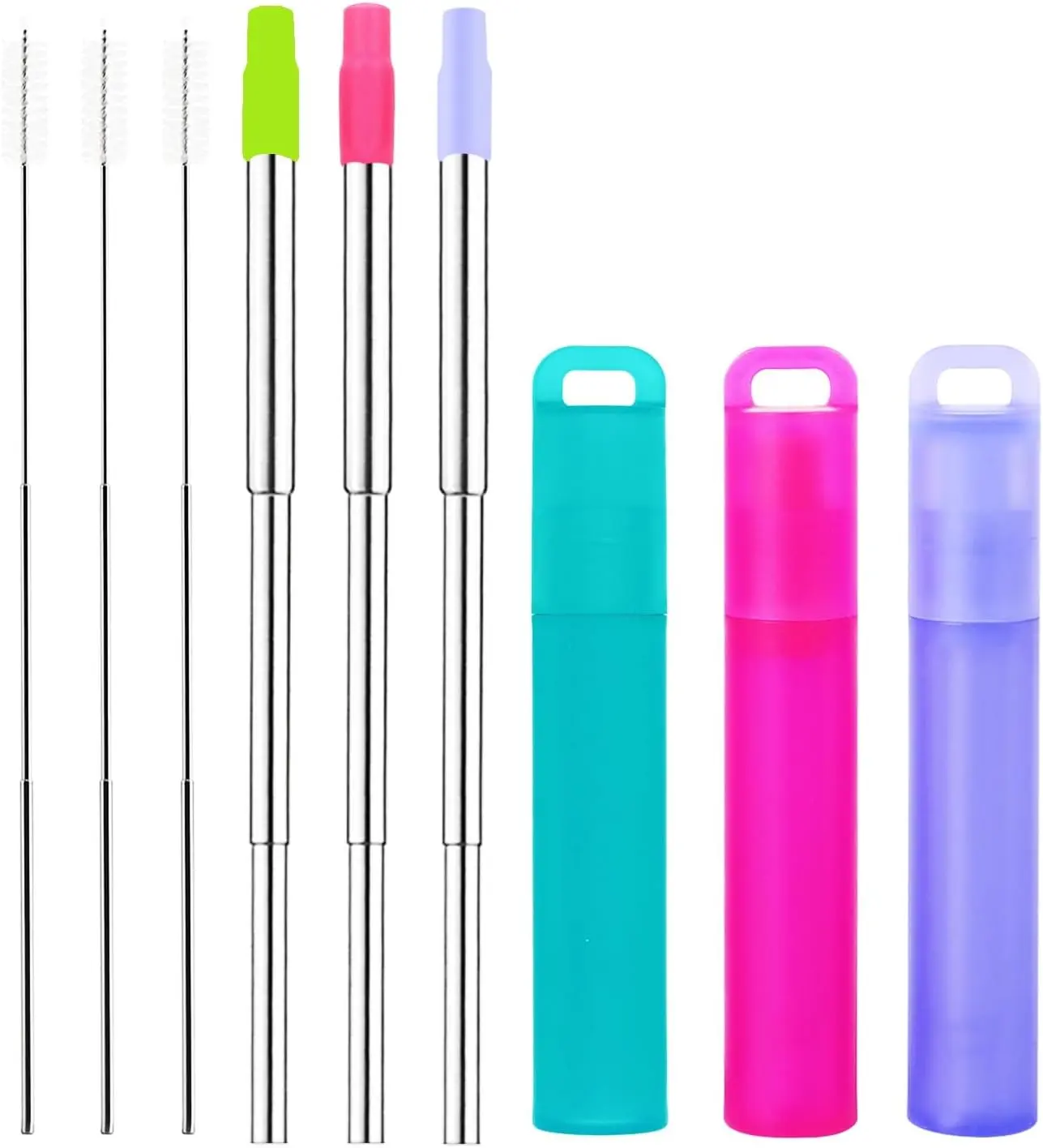 -Metal  Straws, 3 Pack Collapsible Portable Stainless Steel Straws, with Plastic Housing  Tips and Cleaning Brush, Retractable Portable Pocket Drinking Straws