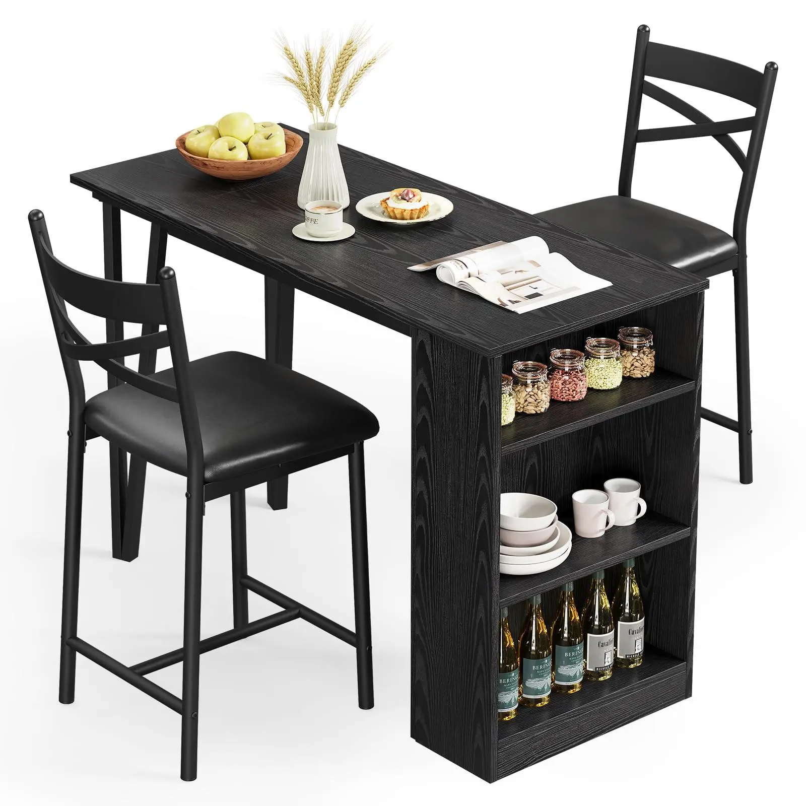 3-Piece Foldable Rectangular Bar Table Set - Industrial Look, 2 Bar Stools, 3 Side Shelves, Easy Setup, Black Indoor Furniture for Dining Room, Kitchen