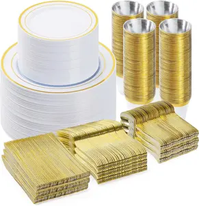 600PCS Plastic Dinnerware Set (100 Guests), Gold Disposable Plates for Party, Wedding, Anniversary, Includes: Dinner Plates, Dessert Plates, Cups