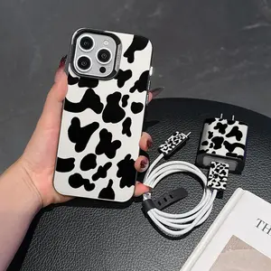 Cow Print Phone Case with Charger Head Cover & Cable Protector & Storage Rope, Anti-drop Phone Case for iPhone, Casing
