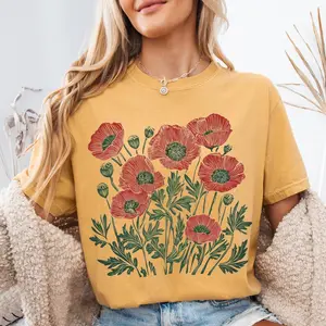 Comfort Colors Poppies Linocut TShirt, Floral Linocut T-Shirt, Vintage Boho Poppy Tee, Cottagecore Wildflowers T-shirt, August Birthday Gift