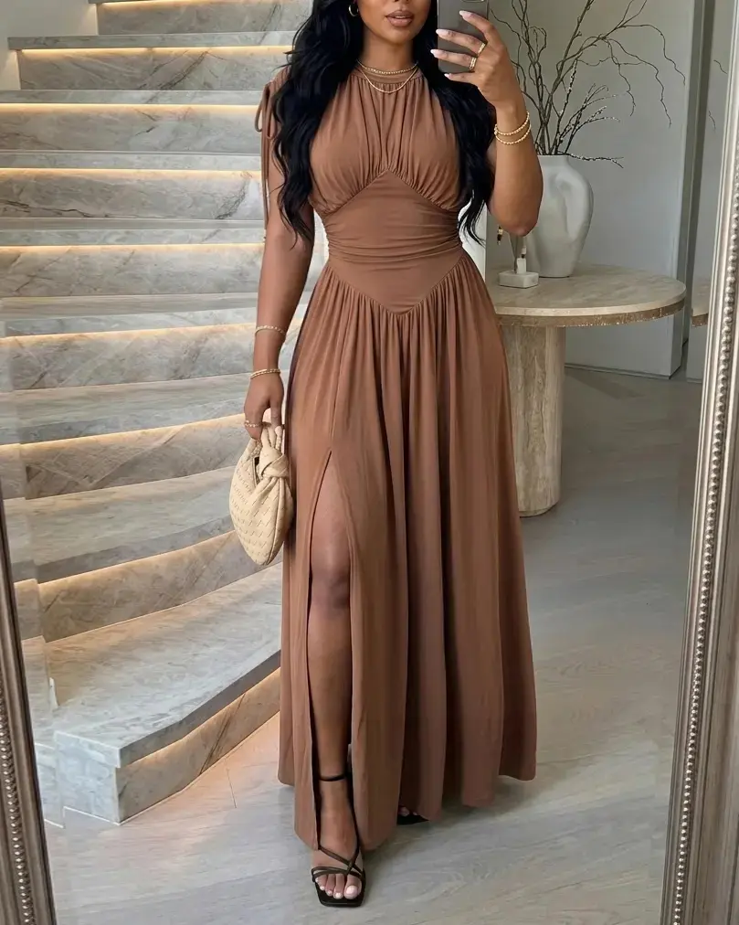 CHICME Women's Solid Crew Neck Maxi Dress Ruched Drawstring Sleeve High Waist A-Line Dress/Summer Dress with Side Slit