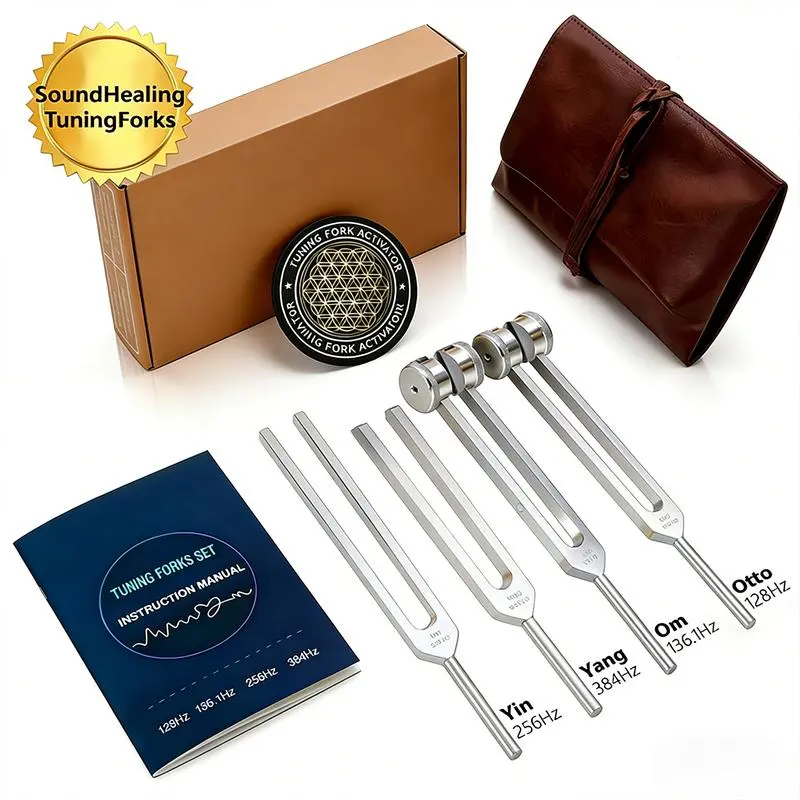4-Frequency Resonance Sound Healing Tuning Fork Set (128Hz, 136.1Hz, 256Hz, 384Hz) with Resonator Tuners, Hammer & Activator, Chakra Yoga Meditative Aid, Valentine's Day Gift