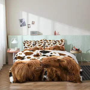 3pcs Highland Cow Pattern Decorative Duvet Cover Set –, Breathable, Sanded Polyester Fabric with Digital Animal Print, Zipper Closure – Includes 1 Duvet Cover and 2 Pillowcases (No Duvet Insert)