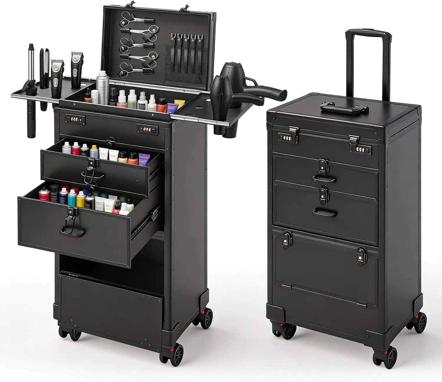 Portable Salon Cart Makeup Train Case for Hair Stylist, Rolling Salon Station with 4 Drawers & Worktop Tray