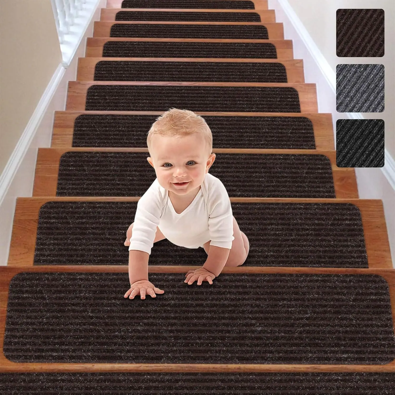 Stair Treads Carpet Non-Slip Indoor Stair Runners for Wooden Steps, Stair Rugs for  and Dogs, Set of 15, 8" X 30", Brown