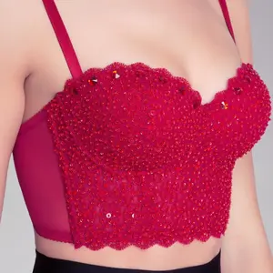 Half Bustier Crop Top Bra Hand Decorated with Sequins and Beads in Red Color Women's Adjustable Matching Corset Lady Basic Minimalist Short Sleeveless Spaghetti Strap Dry Clean Fitted