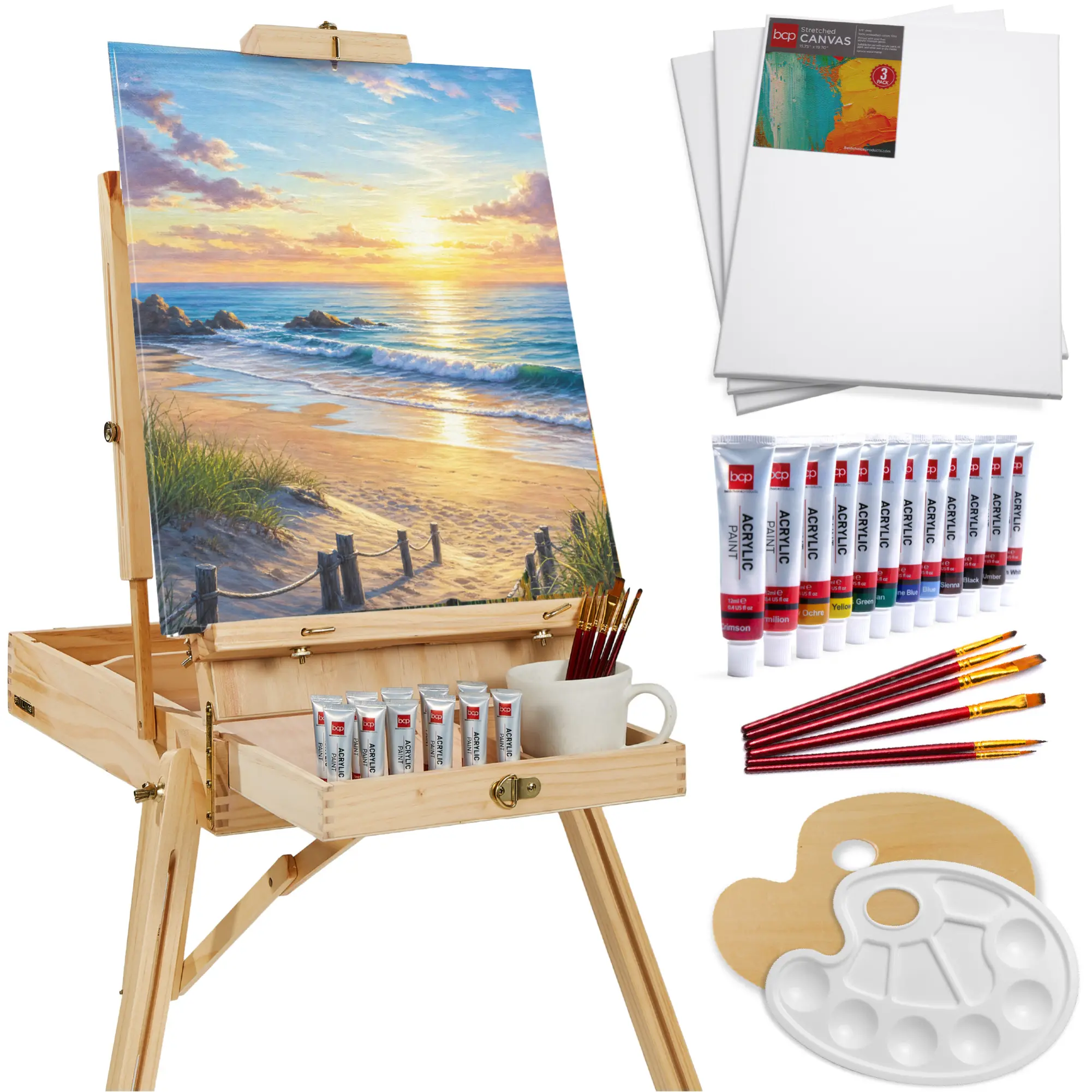 Best Choice Products French Easel, 32pc Beginners Kit Portable Wooden Adjustable Tripod  w/ Paint Supplies