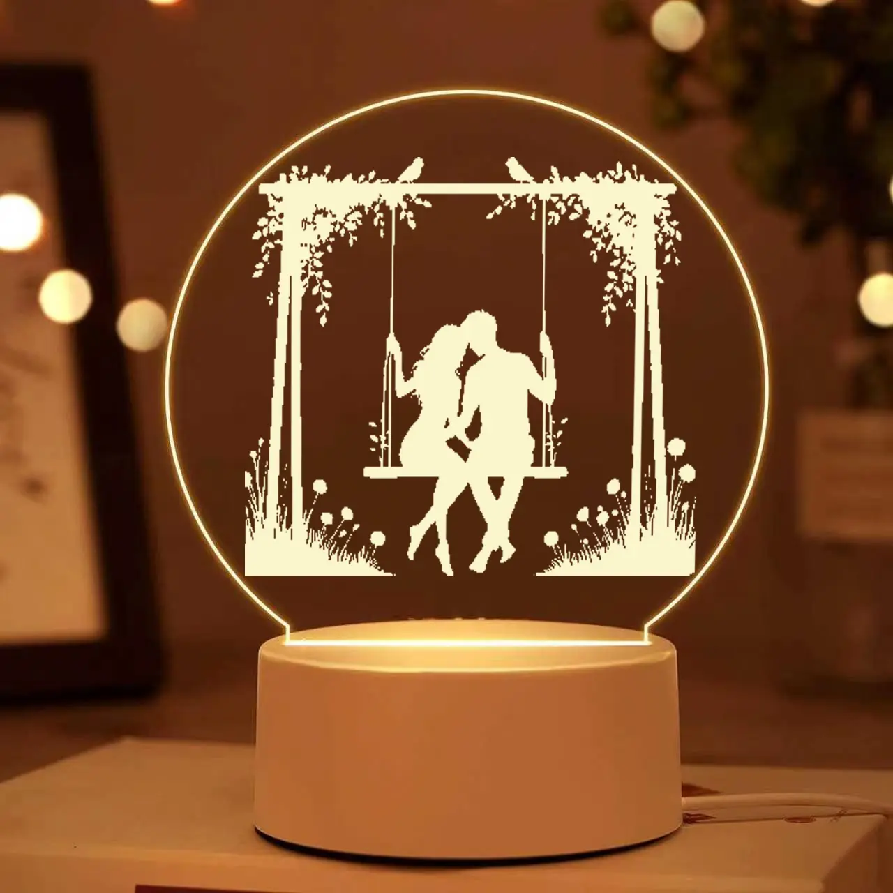 Couple Swing Silhouette 2D Flat Round Acrylic Night Light, Romantic Lovers Engraved LED Lamp, Halloween Thanksgiving Christmas Birthday Anniversary Gift for Him Her
