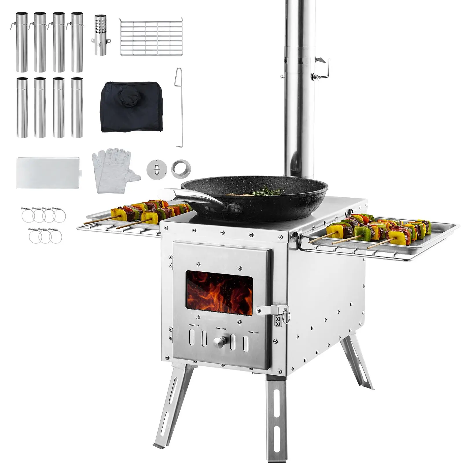 【summerfinds】VEVOR Wood Stove, 86 inch, Stainless Steel Camping Tent Stove, Portable Wood Burning Stove with Chimney Pipes & Gloves, 3000in³Firebox Hot Tent Stove for Outdoor Cooking and Heating with 8 Pipes