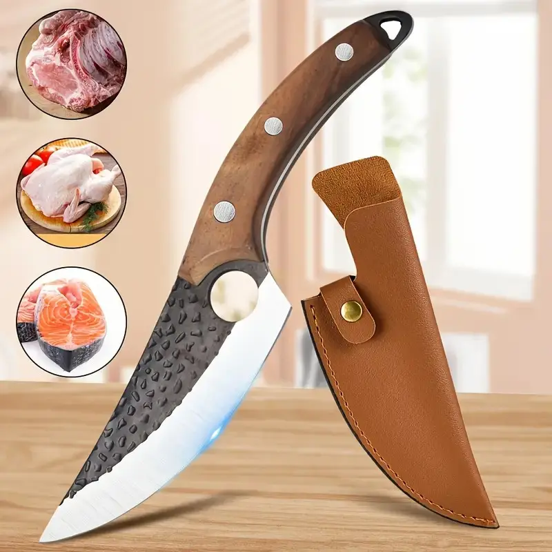 Hand-Forged 4-in-1 Multi- Knife Set: Japanese Chef Knife, Boning, Fishing & Bone Chopper - Viking Style Stainless Steel Blade with Leather Sheath & Wood Handle | Camping & Outdoor Gift. Kitchenware  Portable Bbq Cutting Cooking Wooden Meat Bone Cleaver, K
