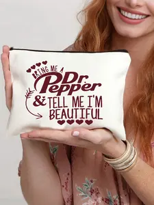 Cute Canvas Makeup Bag with 'BRING ME A Dr Pepper & TELL ME I'M BEAUTIFUL' Print - Soft Pink Heart Design Cosmetic Pouch for Women & Girls, Perfect Gift for Best Friends, Sisters & Loved One