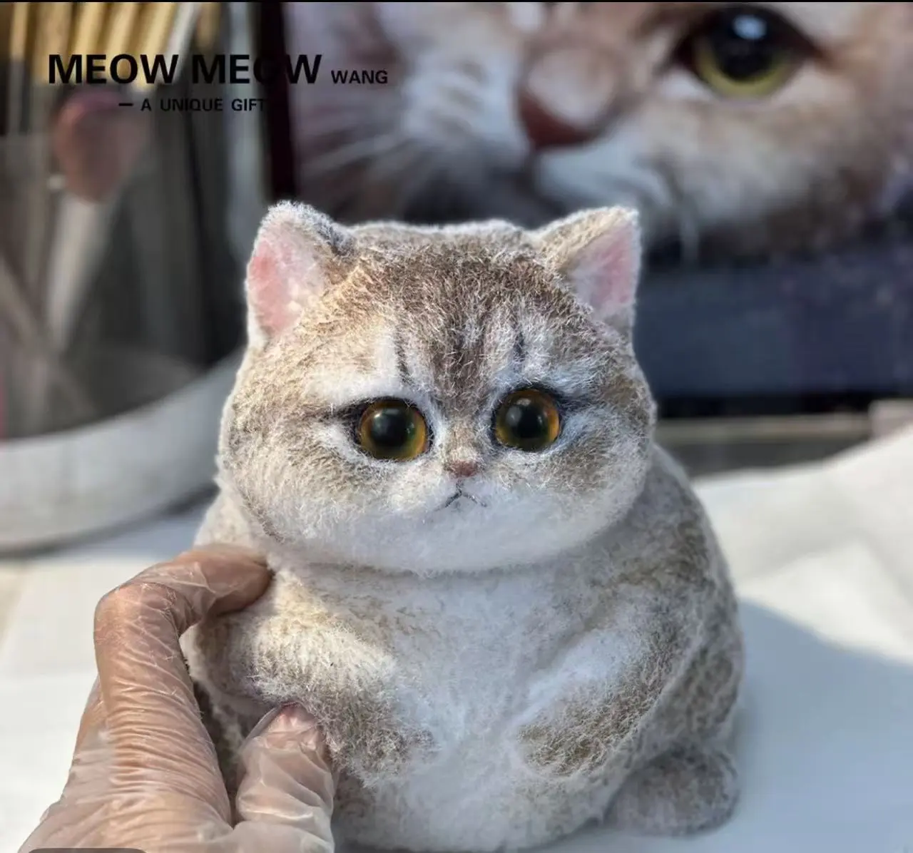 Handmade Craft Wool Felt Chubby Look Blue Golden Shorthair Squishy Cat Toy with Emerald Green Eyes, Specialty DIY Supply for Toys & Hobbies