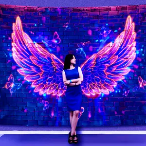 Blacklight Angel Wings Tapestry, UV Reactive Neon Wings Wall Hanging Tapestries, Fluorecent Butterfly Aesthetic Wall Art Decor for Bedroom, Living Room