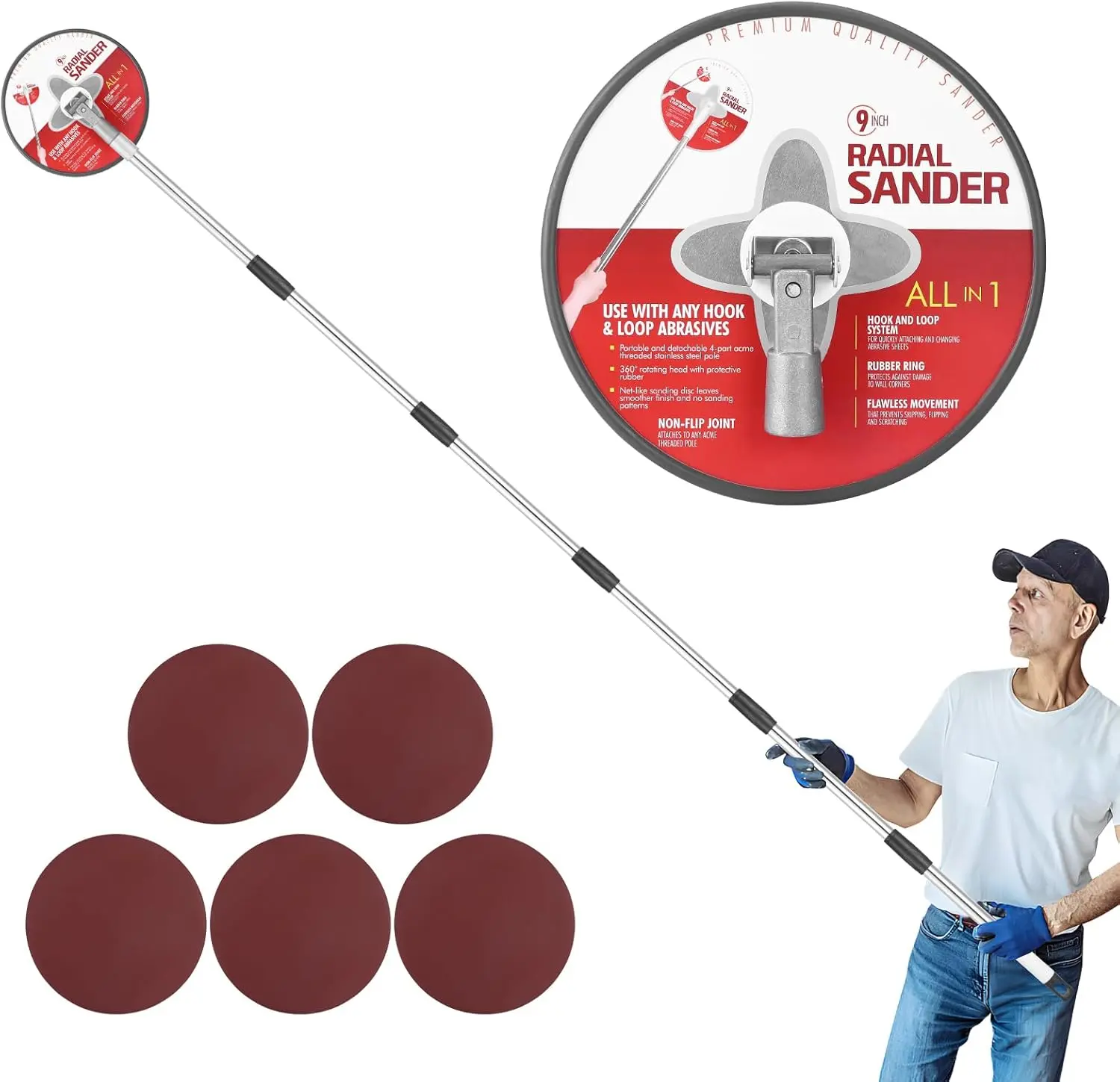 -in-1 9-inch Drywall Pole Sander with 85-inch Extension Pole & 5 Sanding Discs for Smooth Sanding and Painting Projects