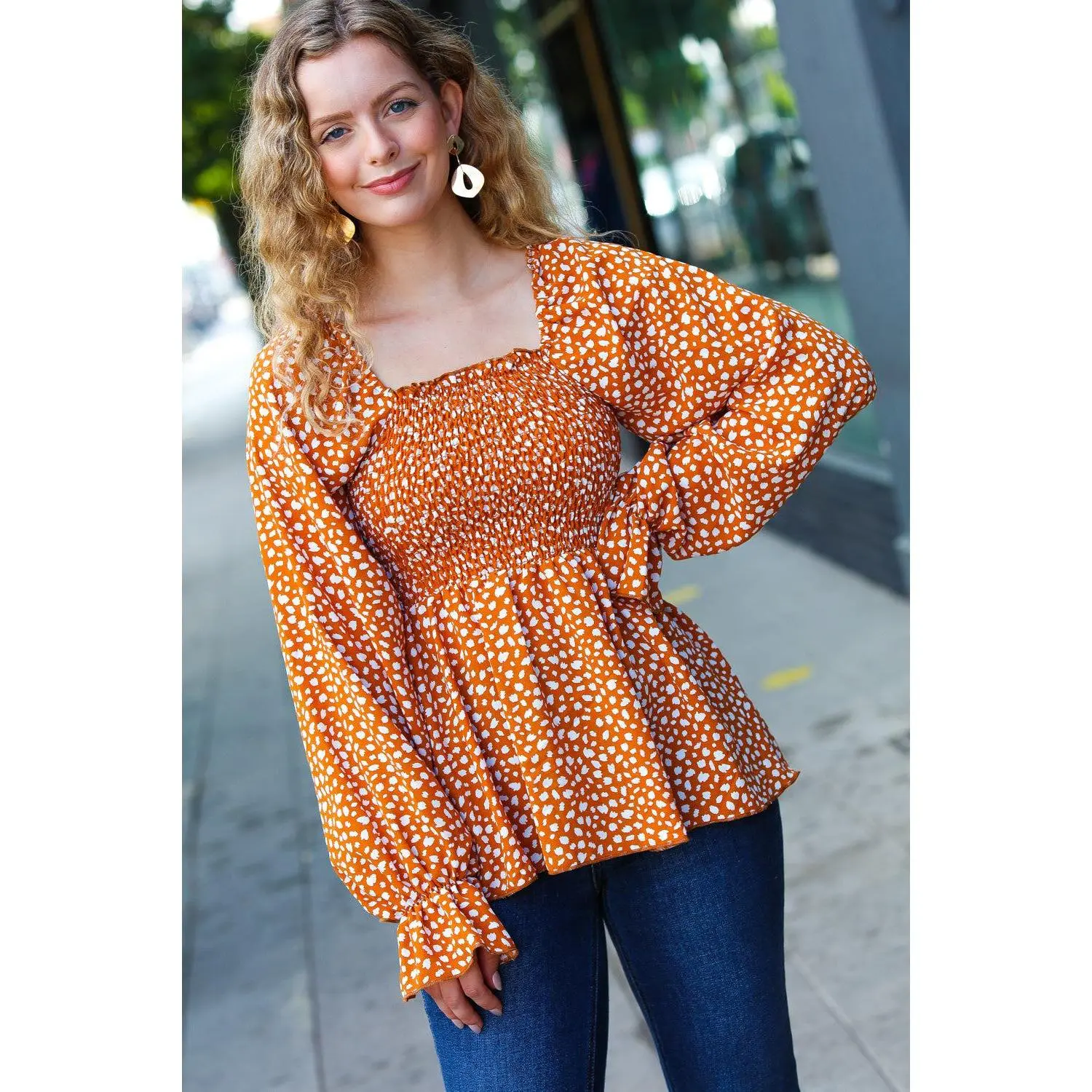 Rust Leopard Print Smocked Ruffle Hem Top