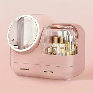 Cosmetics with Fan and 360 ° Rotating Led Mirror Storage Box 3-Color Adjustable Vertical Countertop Multifunctional Cosmetics Storage Box (White)