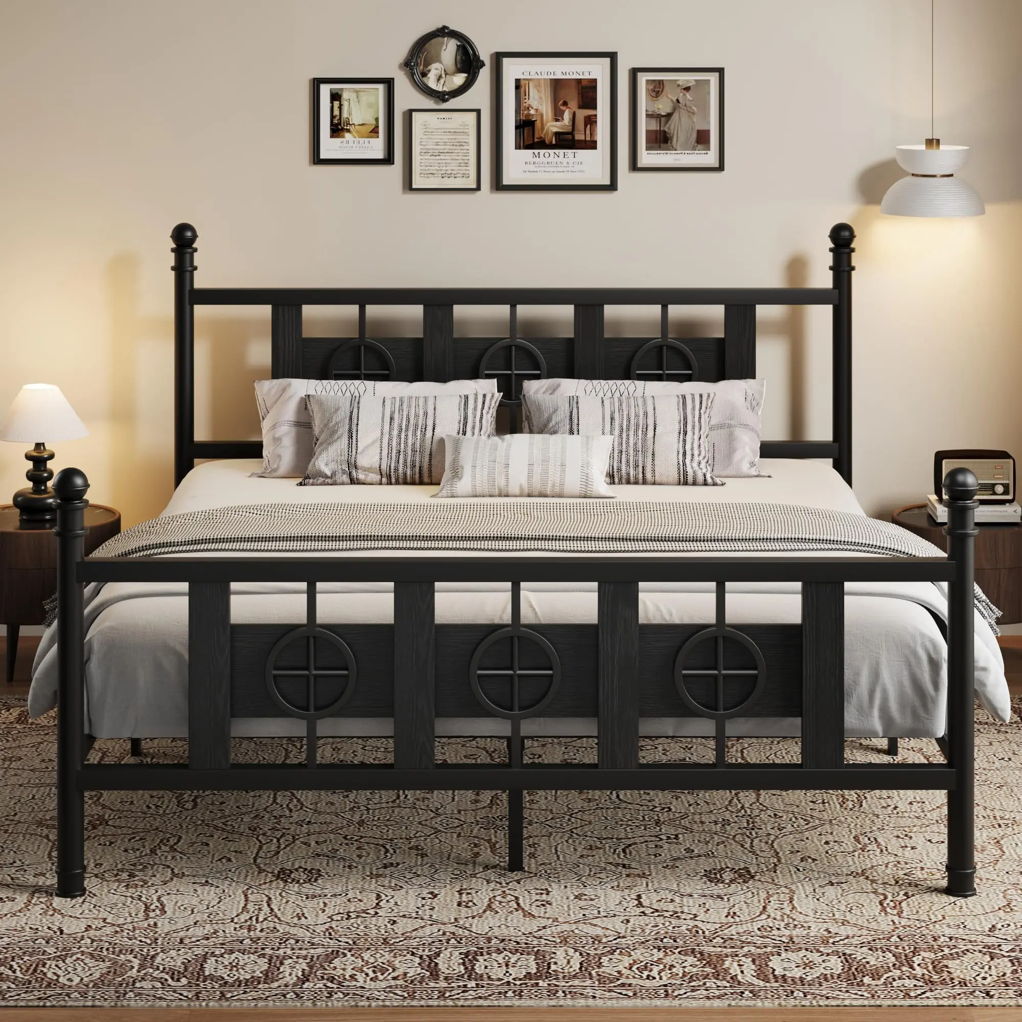 Circular Vintage Industrial Bed Frame with Headboard and Footboard, 800LBS Heavy Duty Metal, Steel Slat Noise-Free, No Box Spring Required, Easy Assembly