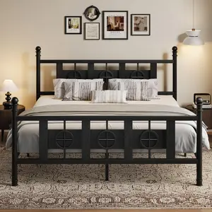 Garvee King Size Bed Frame with Headboard and Footboard, Metal King Bed Frame w/ Vintage Circular Design & Storage Space Under Bed, No Box Spring Required, Easy Assembly, Noise-Free (Black, King)