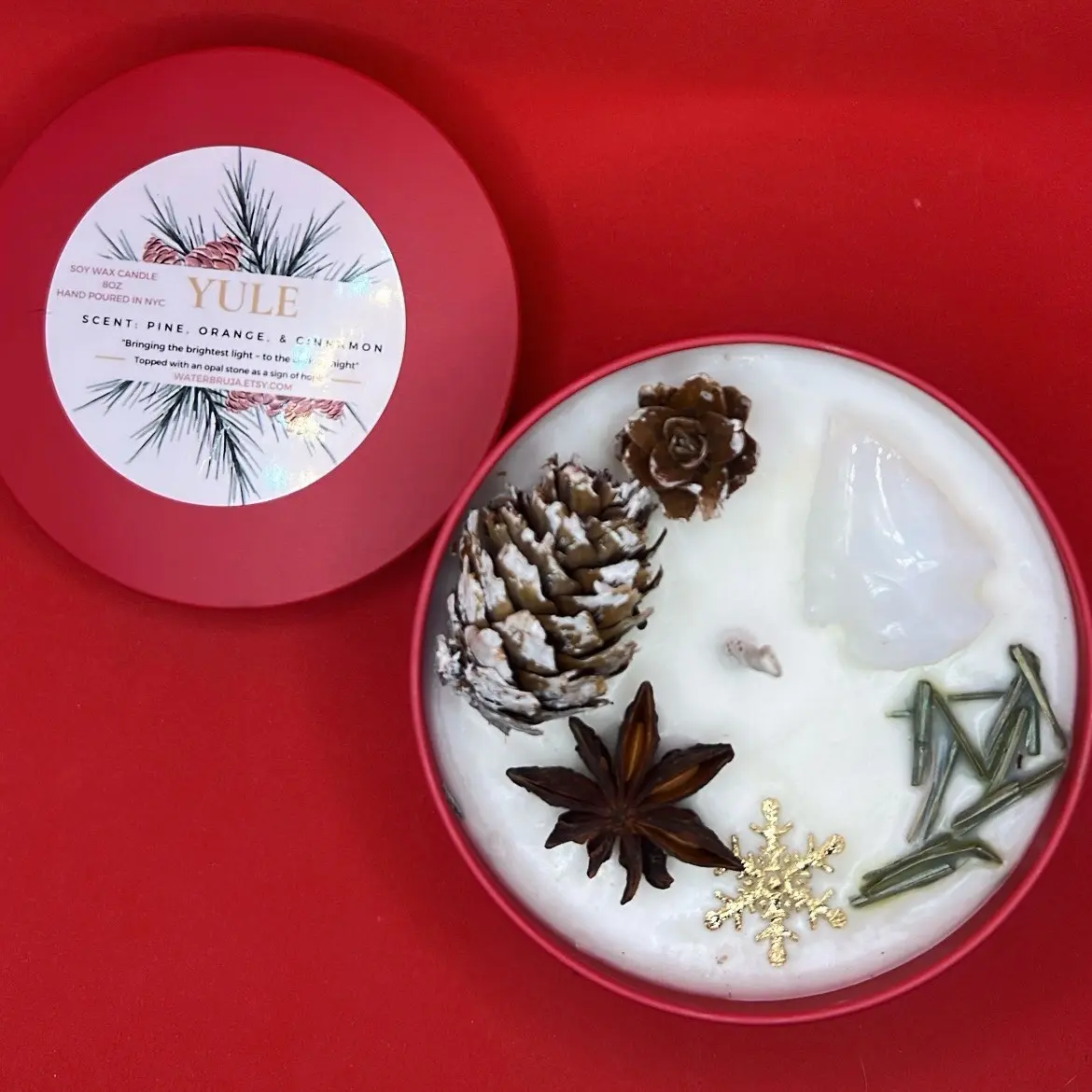 Yule Soy Candle, Winter Holiday Candles, Herb & Crystal Candles, Opalite Candle, Winter Solstice, Wheel of the year,Ritual and Intention handmade candle wax melts